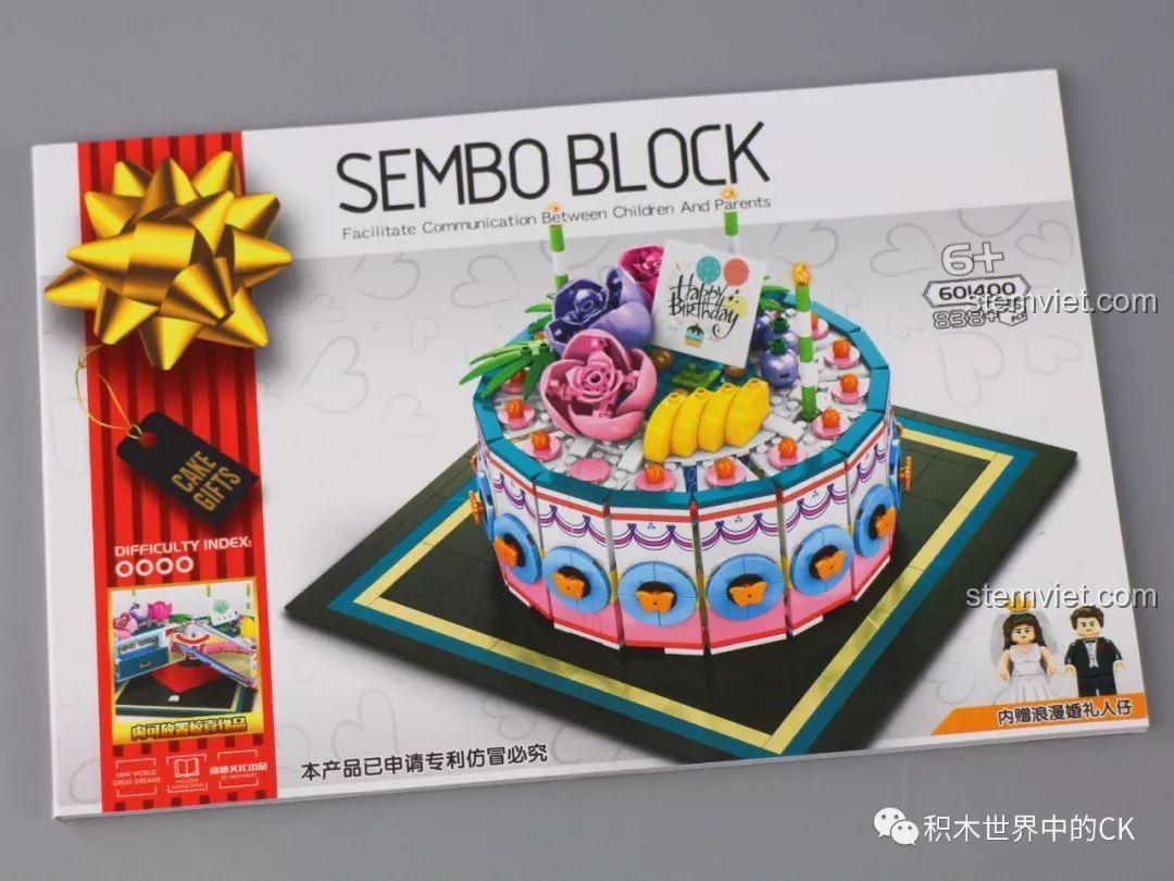 Bộ xếp hình Bánh sinh nhật Sembo, đồ chơi mô hình Bánh cưới 601400, đồ chơi xây dựng Mô hình bánh kem 01400, hộp sản phẩm và minifigure.