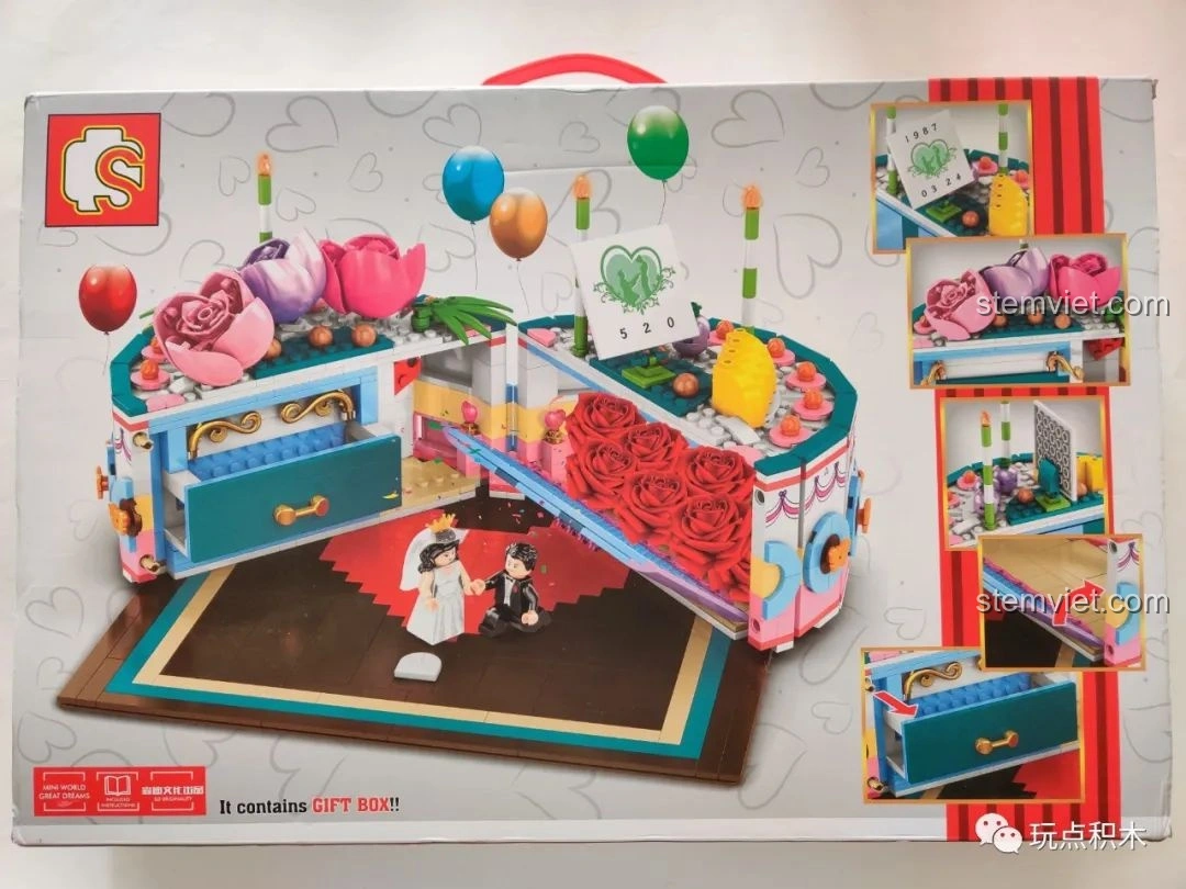 Mặt sau hộp đồ chơi lắp ráp Sembo 601400 Bánh Kem Hộp Quà với tính năng mở ra