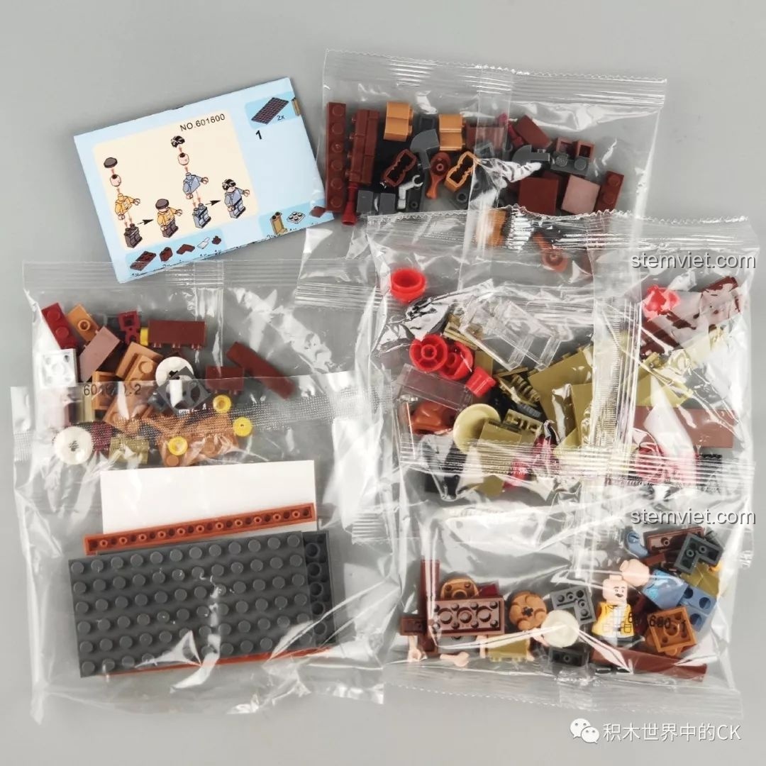 Các túi mảnh ghép và sách hướng dẫn của bộ đồ chơi lắp ráp SEMBO 601600 Quán Vịt Quay.
