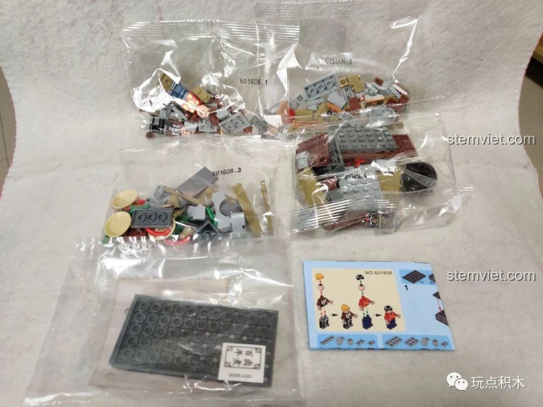 Mặt sau hộp bộ lắp ghép Sembo 601605, giới thiệu 8 mẫu phố cổ Trung Hoa, đồ chơi mô hình kiến trúc độc đáo, phù hợp bé 6 tuổi.