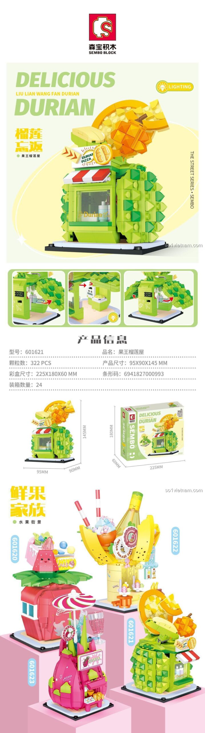 Chi tiết lắp ráp mô hình sầu riêng SEMBO 601621, bộ đồ chơi xây dựng cho bé trai