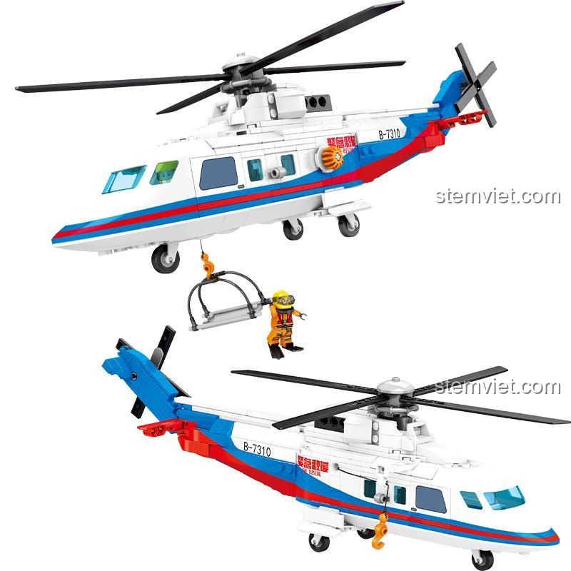 Hai góc nhìn của mô hình trực thăng cứu hộ SEMBO 603201, thể hiện chi tiết thiết kế và màu sắc chủ đạo trắng, xanh, đỏ.