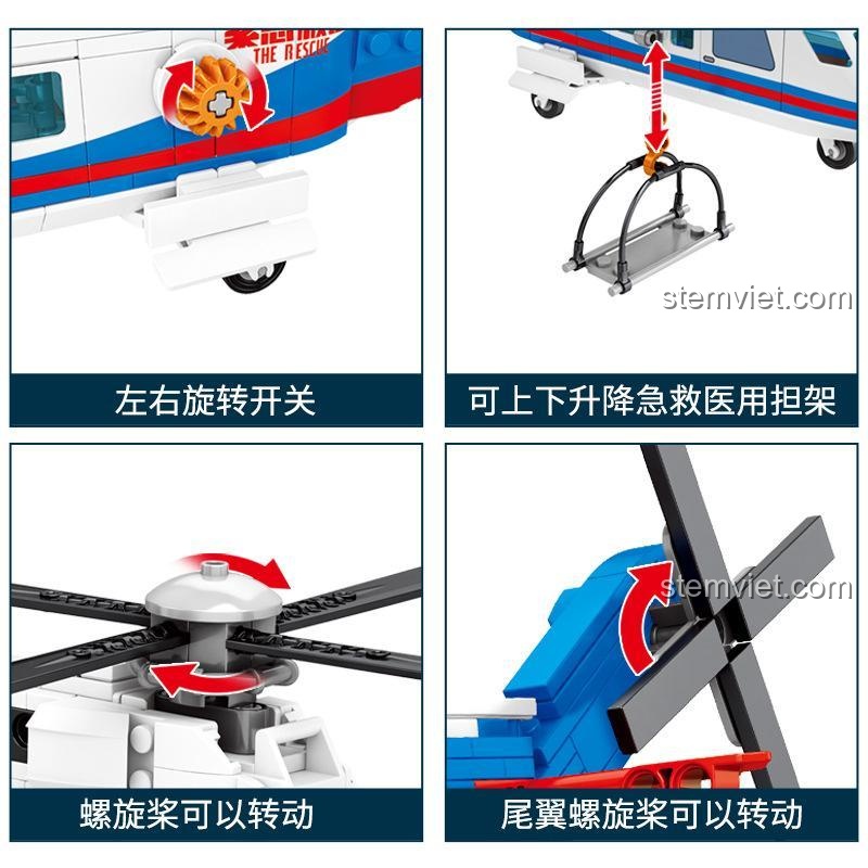 Tính năng nổi bật của bộ lắp ghép SEMBO 603201: cánh quạt xoay, cáng cứu hộ nâng hạ, mang đến trải nghiệm chơi sáng tạo cho bé trai 6 tuổi.