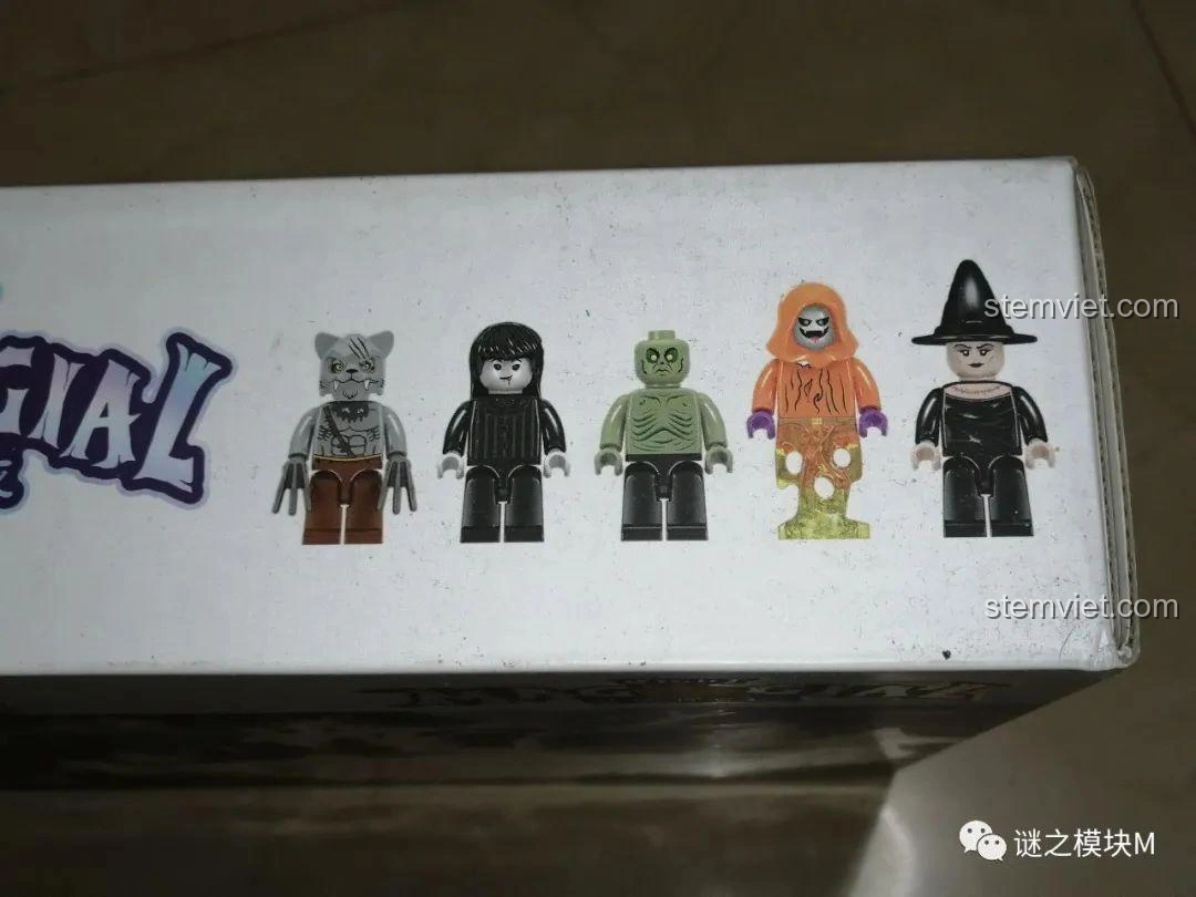 Hình ảnh các minifigure Ma Cam, Nữ Ma, Phù Thủy, Zombie, Người Sói in trên cạnh hộp bộ lắp ráp SEMBO 605022.