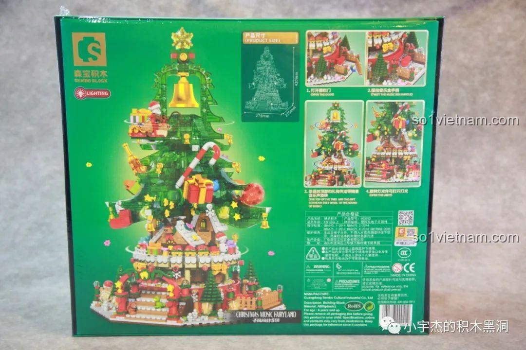 Mặt sau hộp bộ lắp ráp Cây Thông Giáng Sinh Nhạc Hội SEMBO 605025, hiển thị hình ảnh mô hình hoàn chỉnh và các tính năng nổi bật.