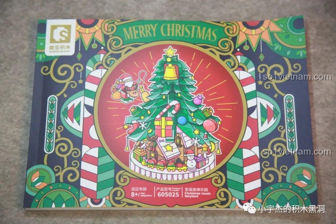 Sách hướng dẫn lắp ráp của bộ Cây Thông Giáng Sinh Nhạc Hội SEMBO 605025, với bìa in hình cây thông Giáng Sinh lấp lánh.