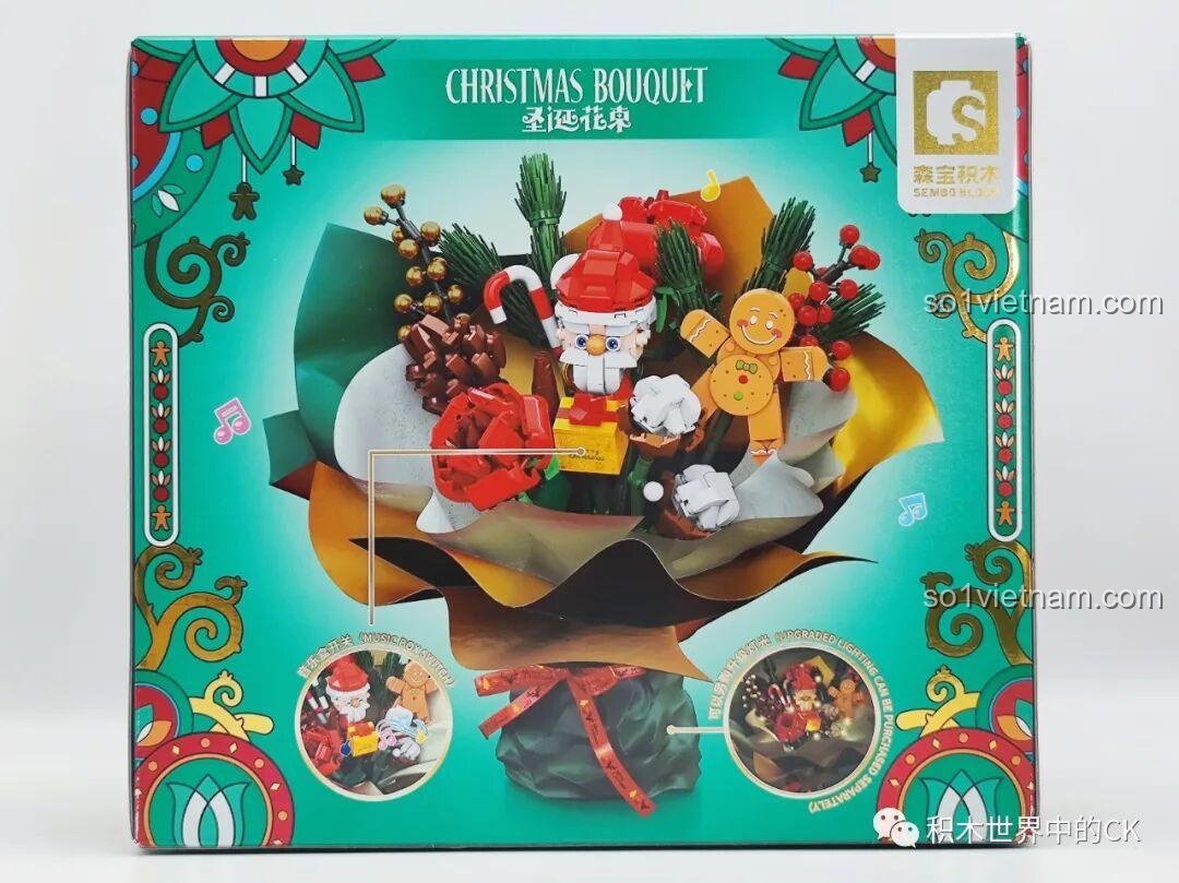 Hộp đồ chơi lắp ráp SEMBO 605026 Bó Hoa Giáng Sinh góc nghiêng, hiển thị mô hình hoàn chỉnh và các chi tiết nổi bật.