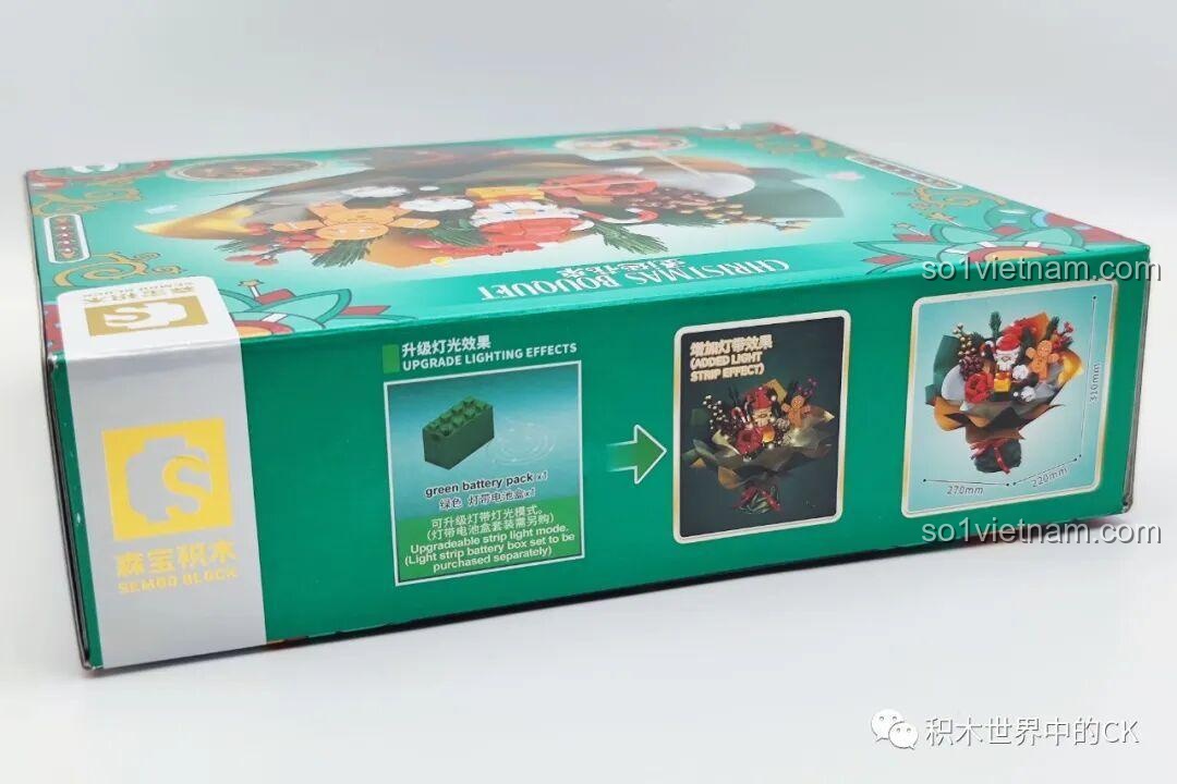 Mặt sau hộp đồ chơi lắp ráp SEMBO 605026 Bó Hoa Giáng Sinh, thông tin về hiệu ứng đèn LED nâng cấp và kích thước sản phẩm.