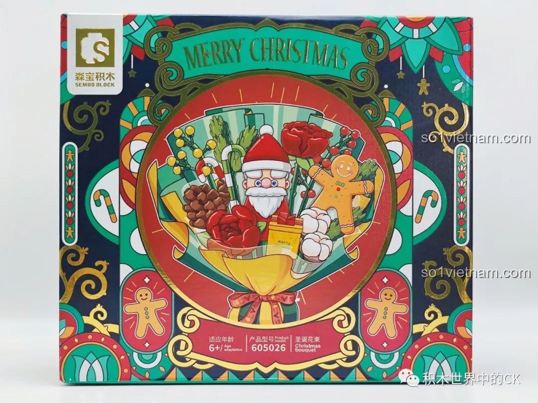 Hộp đồ chơi lắp ráp SEMBO 605026 Bó Hoa Giáng Sinh mặt trước, thiết kế lễ hội rực rỡ, hình ảnh ông già Noel và bánh gừng.