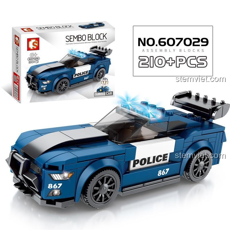 Hộp đồ chơi lắp ráp xe cảnh sát Ford Mustang SEMBO 607029 với hơn 210 chi tiết, phù hợp cho con trai từ 6 tuổi.