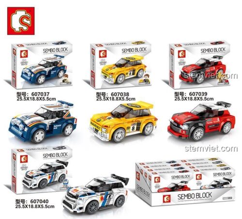 Hộp sản phẩm của bộ lắp ghép SEMBO 607037 và các mẫu xe đua khác trong cùng series Famous Car, là món quà giá rẻ hấp dẫn cho bé trai.