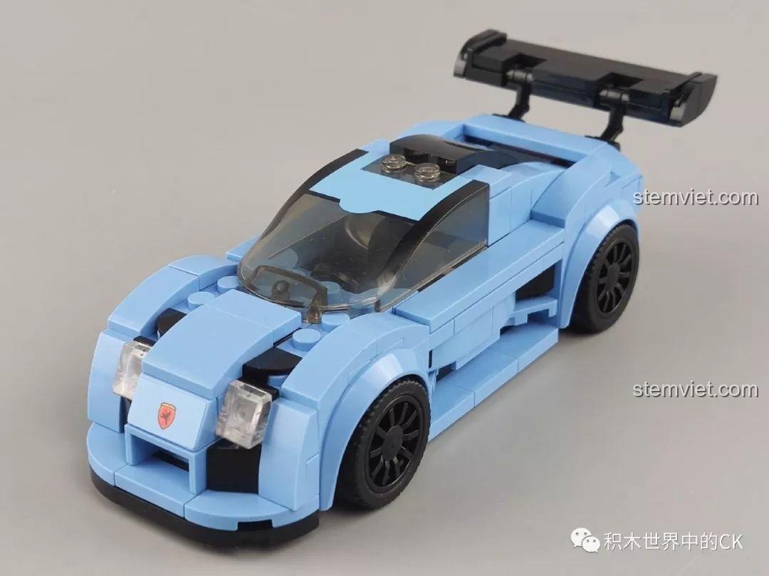 Mặt trước của siêu xe SEMBO 607060 Apollo S màu xanh dương, với đèn pha và logo đặc trưng.