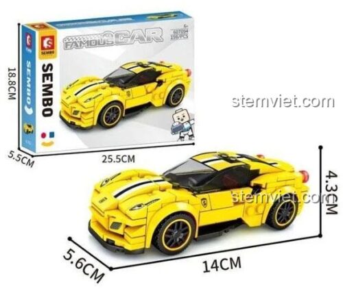 Hộp đồ chơi lắp ráp SEMBO 607094 Xe Ferrari 488 Pista, hiển thị kích thước mô hình và hộp, phù hợp bé trai 6 tuổi, giá rẻ.