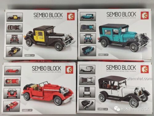 Mặt sau hộp bộ lắp ghép xe cổ điển SEMBO Famous Car series, thể hiện các góc nhìn khác của Xe Citroen Type A 1919 và các mẫu khác, giúp bé trai 6 tuổi dễ hình dung.