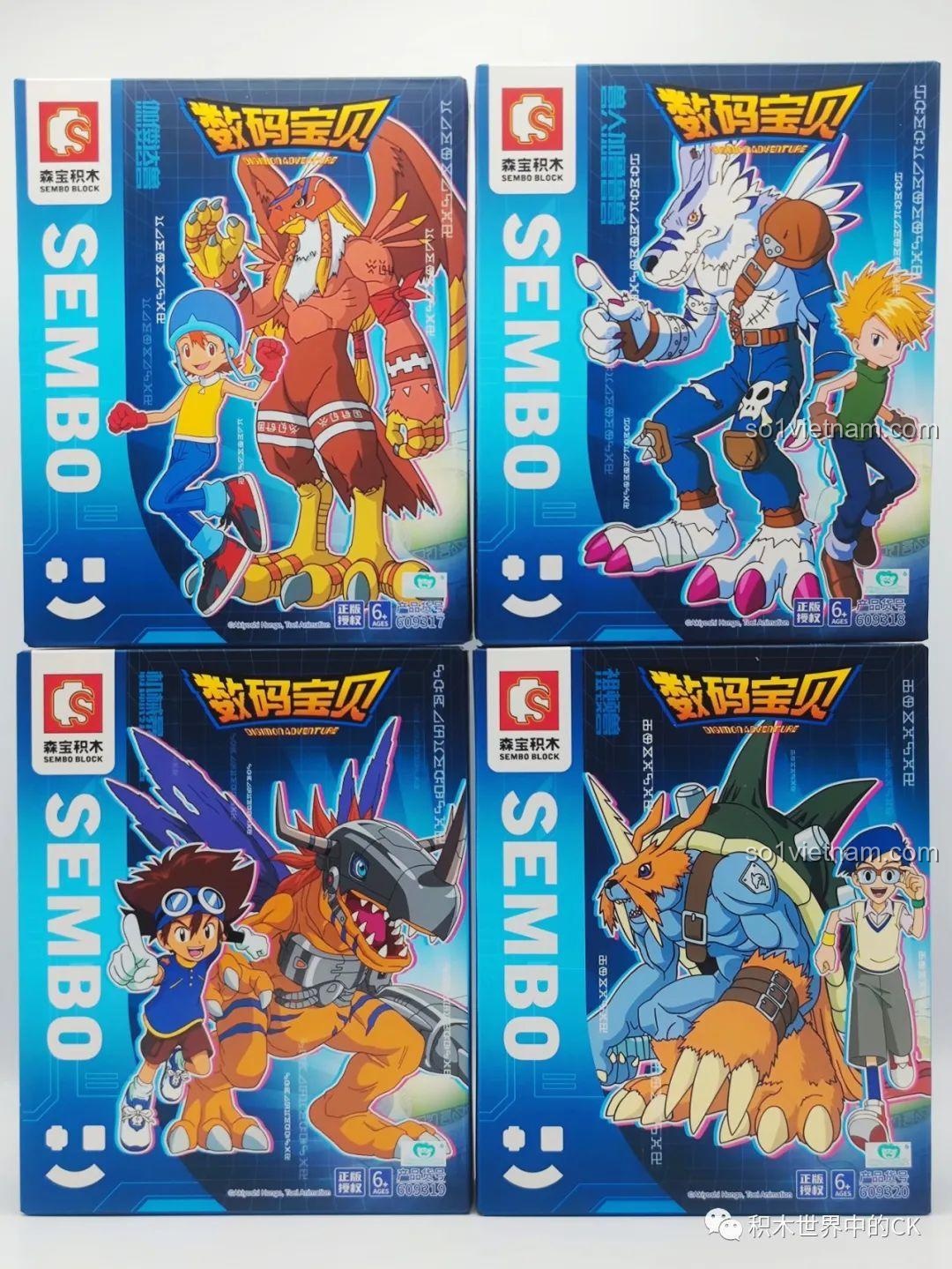 Hộp sản phẩm SEMBO BLOCK 609318 Mô hình thú người Garurumon Digimon Adventure với hình ảnh Garurumon và Tai Kamiya