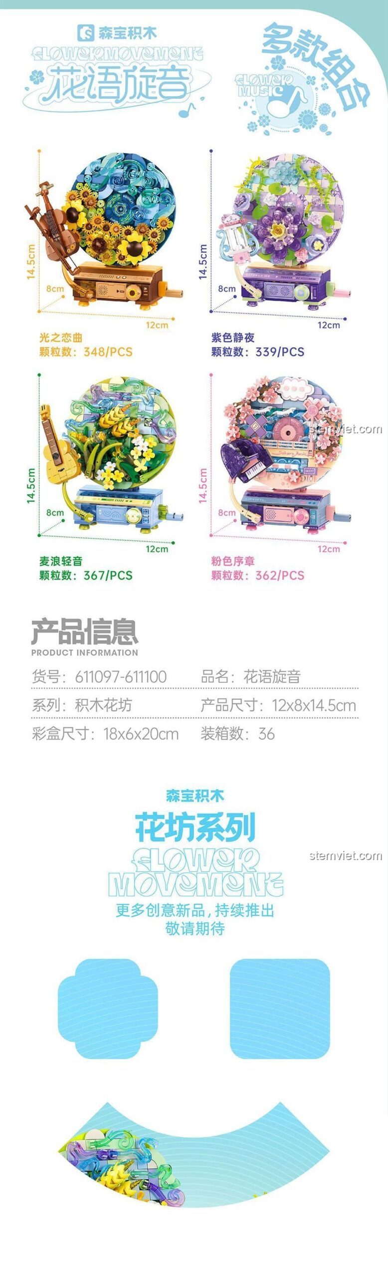 Thông số kỹ thuật và kích thước của bộ lắp ráp SEMBO 611100, bao gồm số mảnh và kích thước hộp, mô hình.