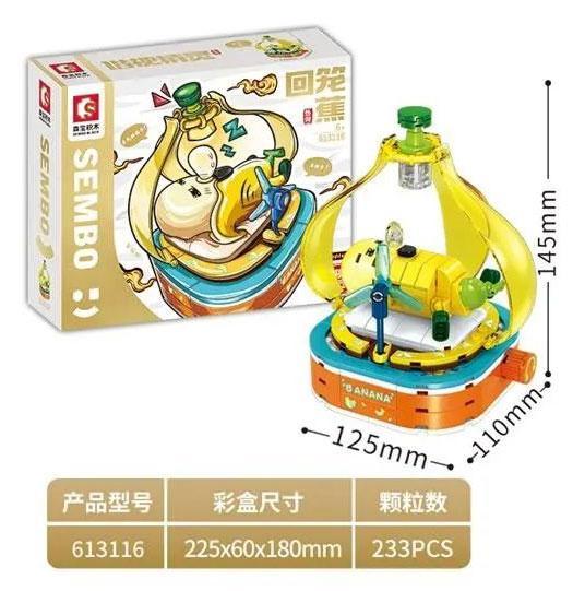 Hộp và mô hình đồ chơi lắp ráp SEMBO 613116 Chuối Ngủ Nướng, hiển thị kích thước chi tiết của sản phẩm. Món quà sáng tạo cho bé 6 tuổi.