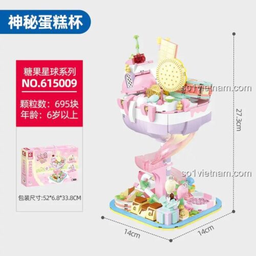 Hình ảnh thể hiện kích thước chi tiết của đồ chơi mô hình SEMBO 615009 Hành Tinh Kẹo Ngọt, cao 27.3cm, rộng 14cm.