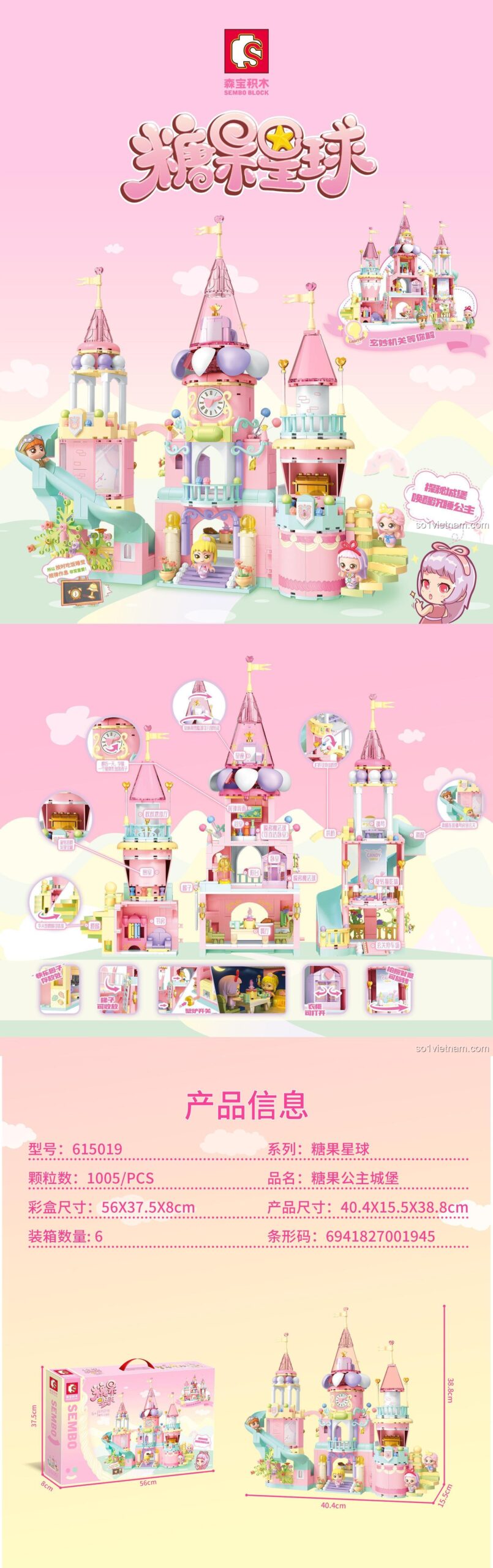 Chi tiết đồ chơi mô hình Lâu Đài Kẹo Ngọt Sembo 615019 với 1005 mảnh, quà tặng ý nghĩa cho con gái.