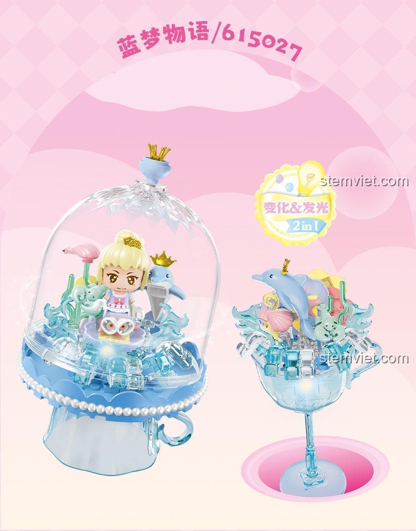 Hai kiểu lắp ráp độc đáo của đồ chơi xếp hình 027: đèn ngủ bánh pudding mái vòm và ly cao, có đèn LED, dành cho bé gái 6 tuổi.