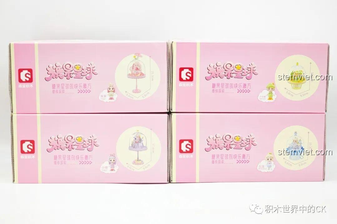 Mặt sau hộp đồ chơi mô hình 615027, giới thiệu các mẫu đèn bánh pudding khác trong series Candy Planet, cho bé gái 6 tuổi.