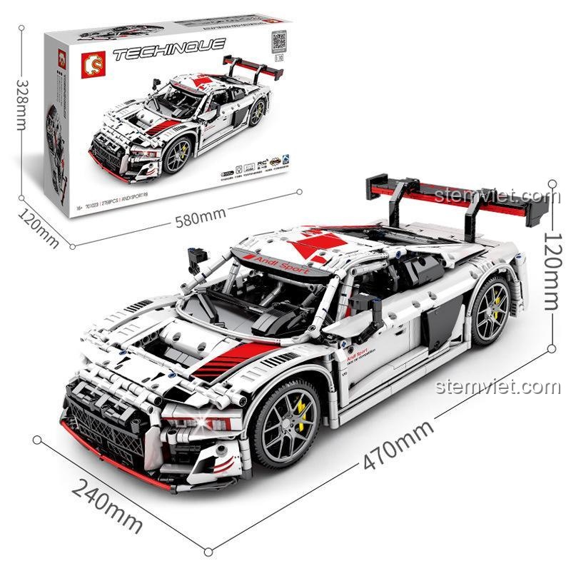 Kích thước chi tiết của đồ chơi mô hình Xe đua Audi R8 Sport SEMBO 701023, với 2768 chi tiết lắp ráp.