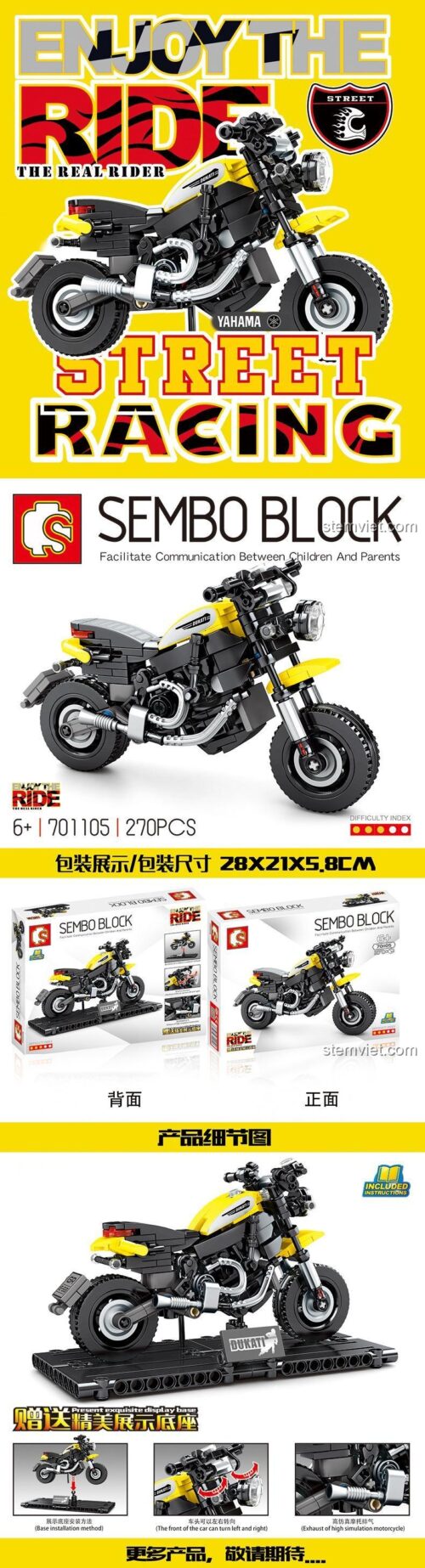 Hộp bộ lắp ghép Sembo 701105 mô hình xe Ducati Scrambler 270 chi tiết cho bé trai 6 tuổi