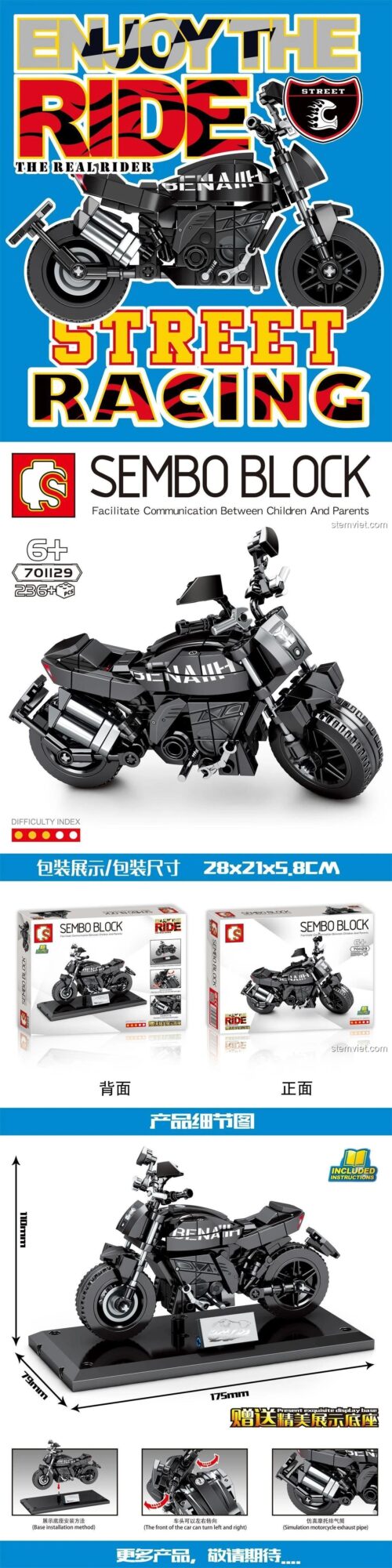 Hộp đồ chơi lắp ghép Xe máy Benelli 502C SEMBO 701129 thể hiện kích thước, phù hợp bé trai 6 tuổi, chất lượng cao.
