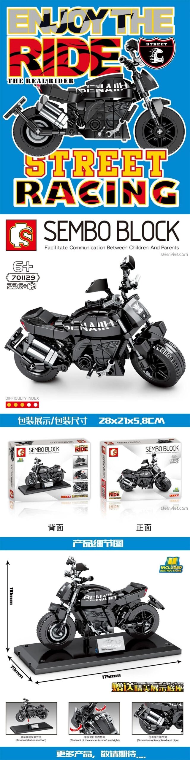 Hộp đồ chơi lắp ghép Xe máy Benelli 502C SEMBO 701129 thể hiện kích thước, phù hợp bé trai 6 tuổi, chất lượng cao.