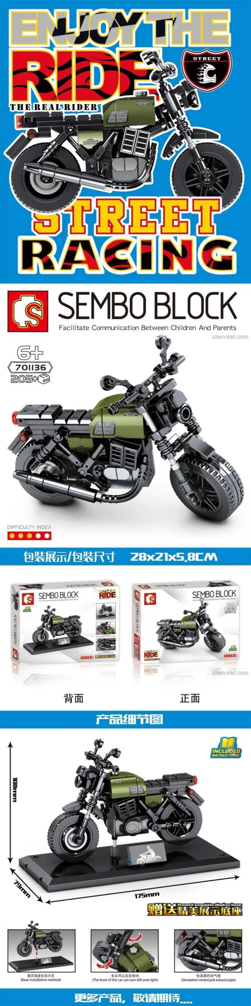 Hộp bộ lắp ghép SEMBO 701136 Moto Guzzi Centauro, đồ chơi mô hình xe mô tô cổ điển, thể hiện kích thước và chi tiết sản phẩm.