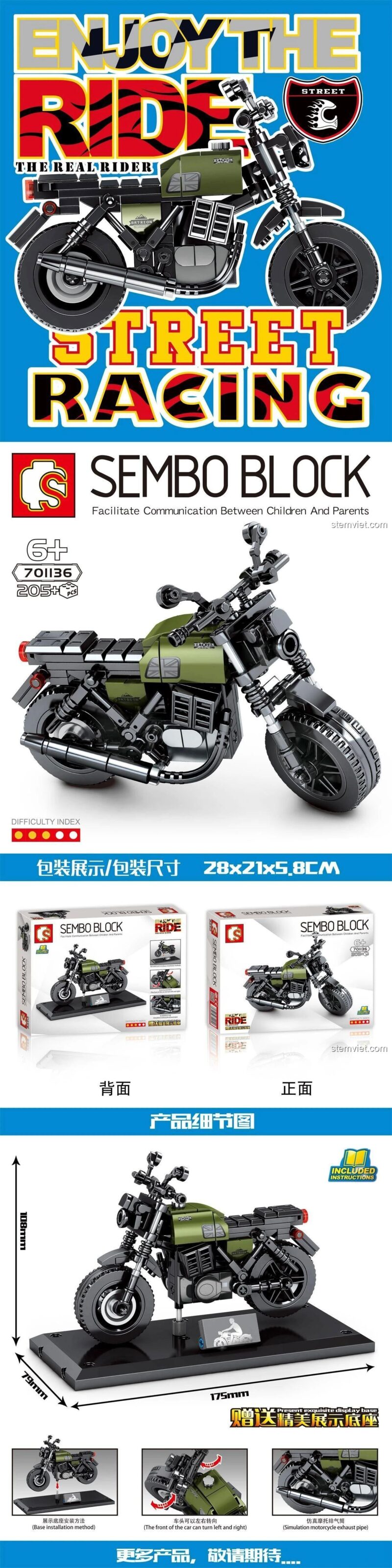 Hộp bộ lắp ghép SEMBO 701136 Moto Guzzi Centauro, đồ chơi mô hình xe mô tô cổ điển, thể hiện kích thước và chi tiết sản phẩm.
