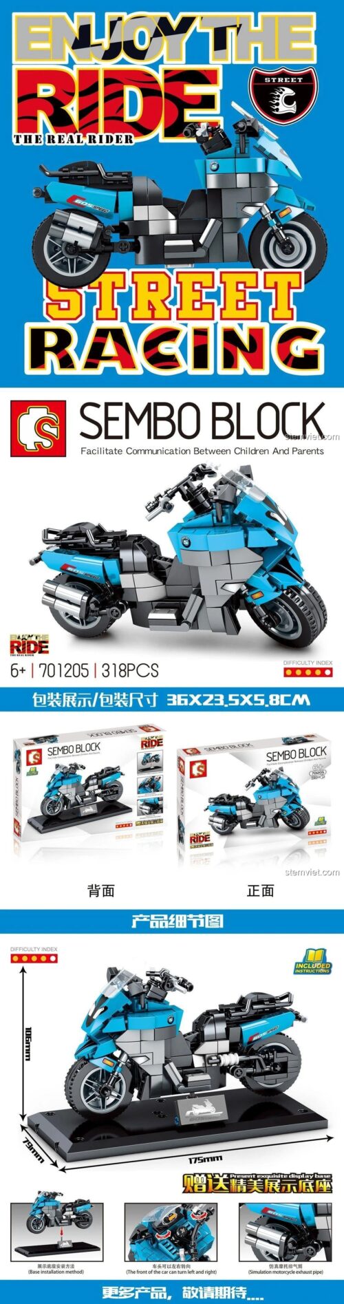Thông số kỹ thuật đồ chơi mô hình SEMBO 701205, mô hình xe máy BMW C650 với 318 mảnh ghép, kích thước chi tiết.