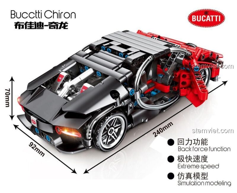 Mô hình xe Bugatti Chiron SEMBO 701401 với kích thước chi tiết: dài 240mm, rộng 92mm, cao 70mm, có tính năng kéo lùi, tốc độ cực nhanh và mô phỏng chân thực, phù hợp cho bé trai 6 tuổi.