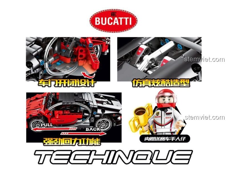 Các tính năng nổi bật của bộ lắp ghép Bugatti Chiron SEMBO 701401: thiết kế cửa mở, mô hình chân thực, chức năng kéo lùi mạnh mẽ và minifigure tay đua đi kèm, đồ chơi lắp ráp giá tốt cho bé trai.