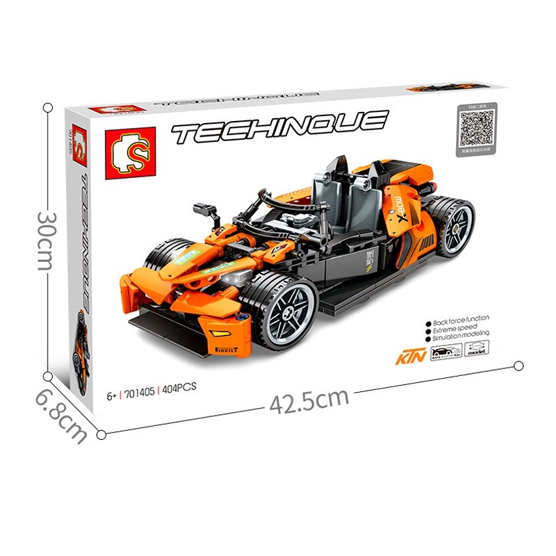 Hộp sản phẩm bộ lắp ráp Xe Đua KTM X-BOW GT SEMBO 701405, 404 chi tiết, dành cho bé trai 6 tuổi, có động cơ kéo lùi.