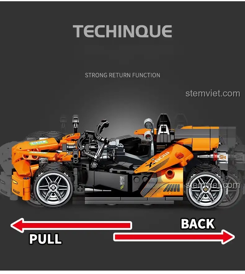 Mô tả tính năng kéo lùi (pull back) của đồ chơi mô hình SEMBO 701405 Xe thể thao KTM X-BOW GT, chỉ cần kéo về sau và thả tay.