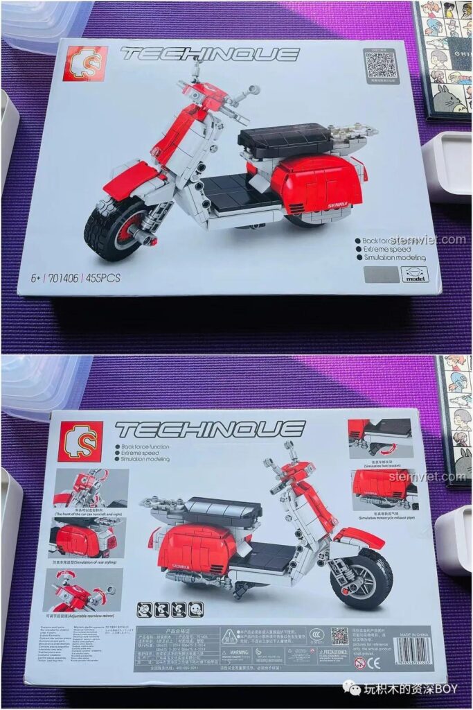 Hộp đồ chơi lắp ráp SEMBO 701406 Xe Máy Vespa màu đỏ trắng, hiển thị mô hình hoàn chỉnh và thông số kỹ thuật.