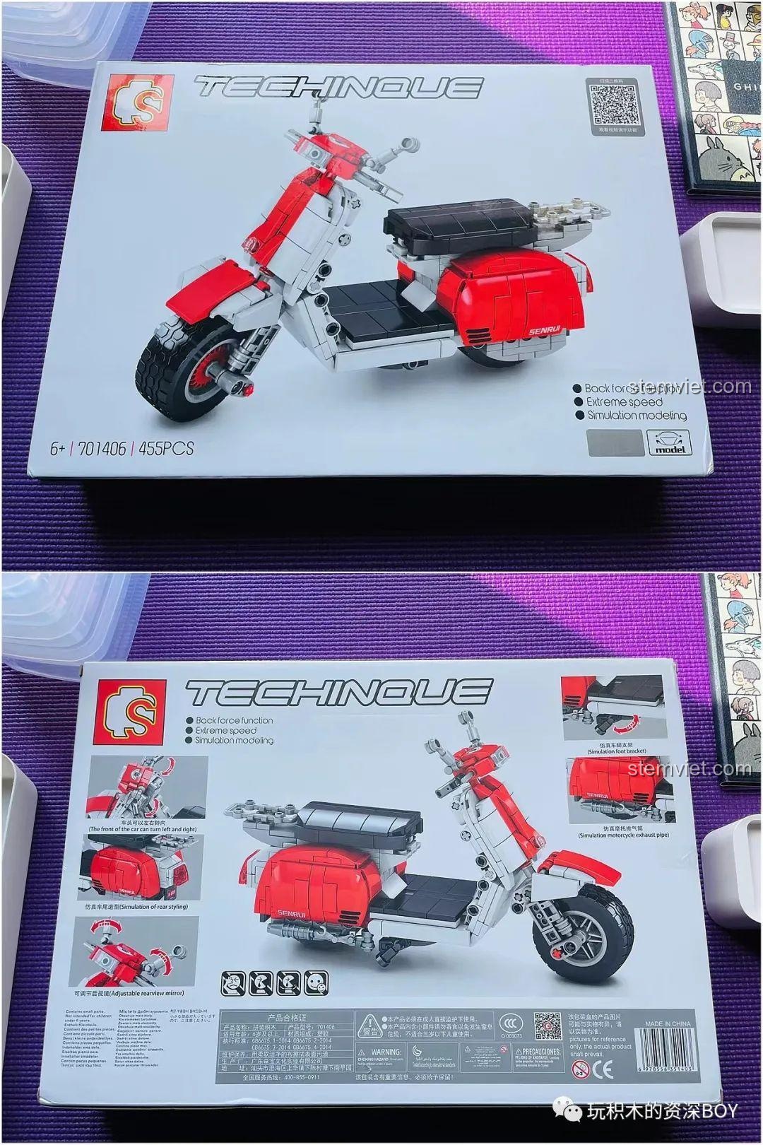 Hộp đồ chơi lắp ráp SEMBO 701406 Xe Máy Vespa màu đỏ trắng, hiển thị mô hình hoàn chỉnh và thông số kỹ thuật.