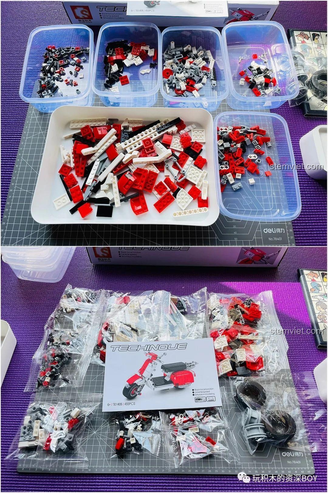 Các túi chi tiết và khay phân loại mảnh ghép của bộ lắp ráp SEMBO 701406 Xe Máy Vespa, sẵn sàng cho quá trình lắp ráp.