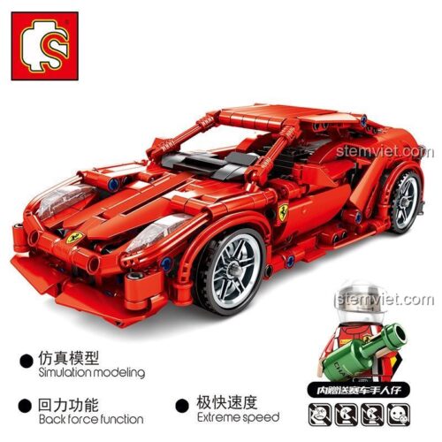 Đồ chơi mô hình Ferrari 458 SEMBO 701501 với động cơ kéo lùi và minifigure tay đua đi kèm.