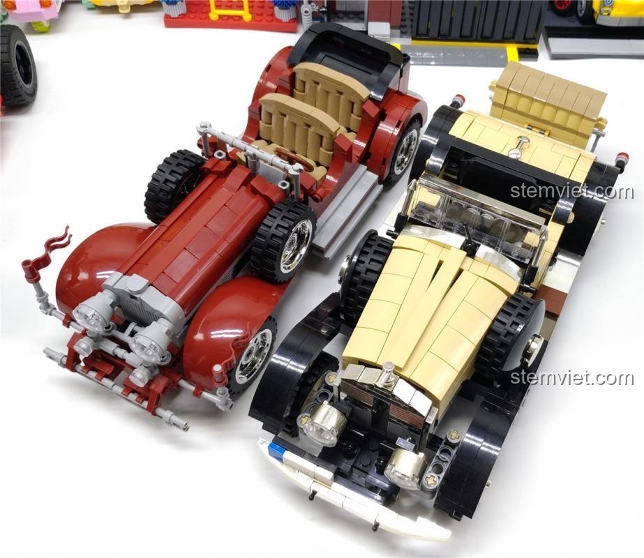 So sánh bộ lắp ghép Sembo 701650 Xe Mercedes-Benz 770K cổ điển với một mô hình xe khác, cho thấy kích thước và tỉ lệ ấn tượng, phù hợp cho bé trai 6 tuổi.