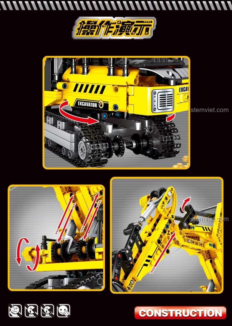 Mô hình máy xúc SEMBO 701802 với chi tiết cơ khí, bánh xích và cần cẩu có thể xoay, đồ chơi mô hình cho bé trai