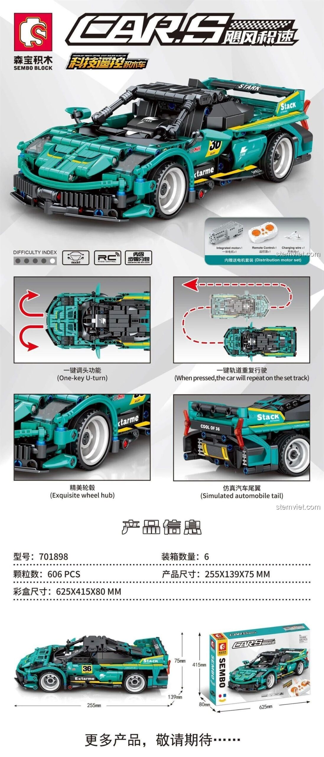 Bộ lắp ghép SEMBO 701898 với các tính năng đặc biệt như quay đầu 1 chạm, tự động lặp lại đường đua, bánh xe tinh xảo, đuôi xe mô phỏng chân thực. Mô hình xe đua điều khiển từ xa cho bé trai 6 tuổi, thể hiện kích thước và hộp sản phẩm.