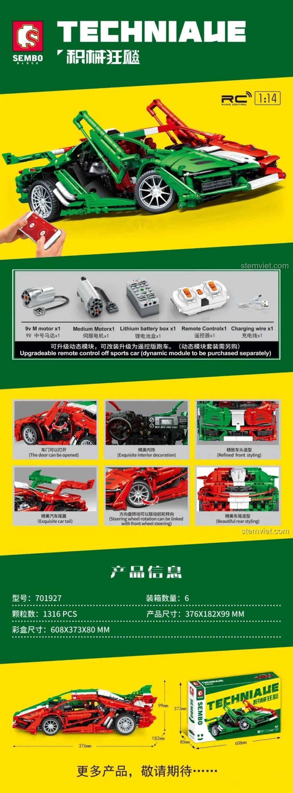 Các tính năng nổi bật của đồ chơi mô hình Xe Lamborghini Technic SEMBO 701927: điều khiển từ xa, động cơ, pin sạc, cửa mở, nội thất tinh xảo, đuôi xe nâng hạ, vô lăng liên kết bánh trước, dành cho bé trai đam mê tốc độ.