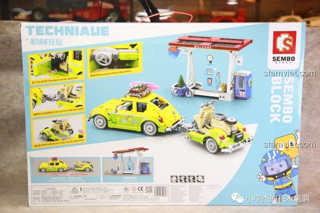 Mặt sau hộp đồ chơi lắp ghép Mô hình xe Beetle SEMBO 701962, hiển thị các chức năng.