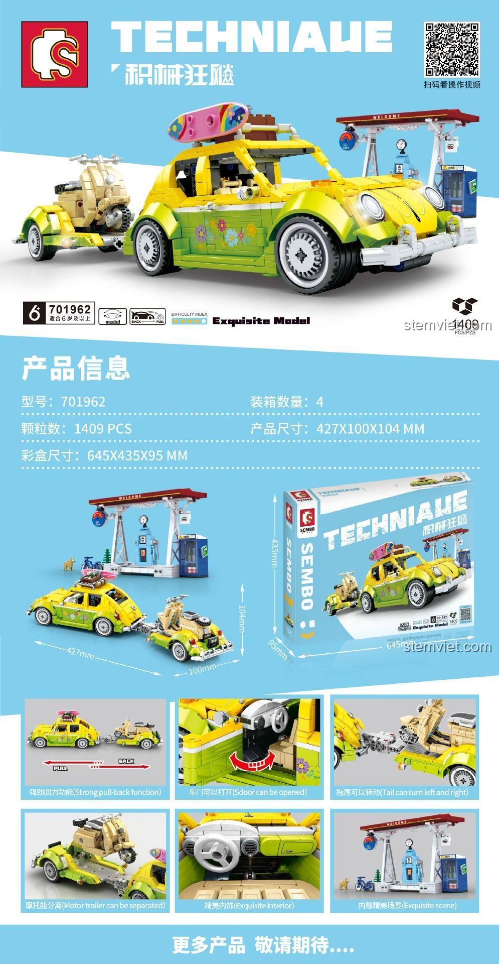 Poster giới thiệu tính năng bộ xếp hình Xe con bọ SEMBO 701962 với 1409 chi tiết.