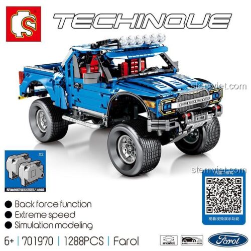 Hộp sản phẩm bộ lắp ráp SEMBO 701970 Ford F-150 Raptor, thể hiện rõ số chi tiết 1288 và tính năng kéo lùi. Đồ chơi mô hình SEMBO 701970 chất lượng cao.