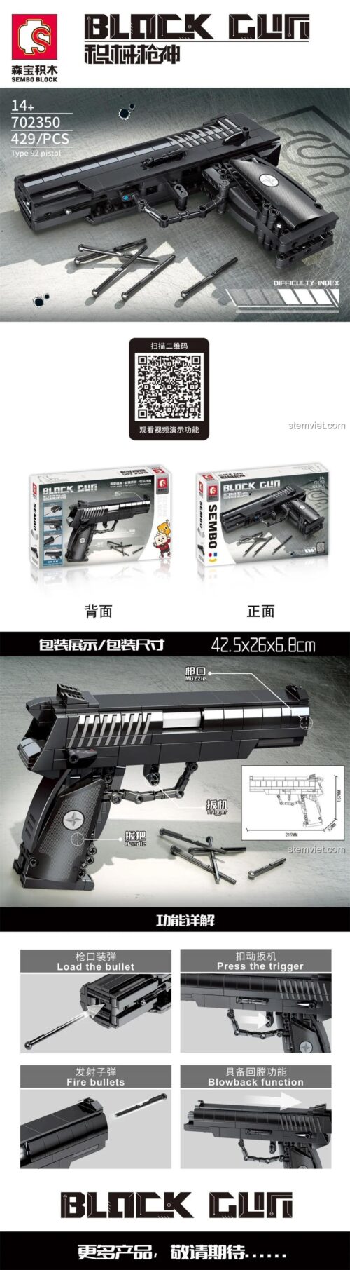 Hộp và các tính năng nổi bật của bộ lắp ráp súng ngắn QSZ-92 SEMBO 702350, bao gồm khả năng bắn đạn và cơ chế blowback.