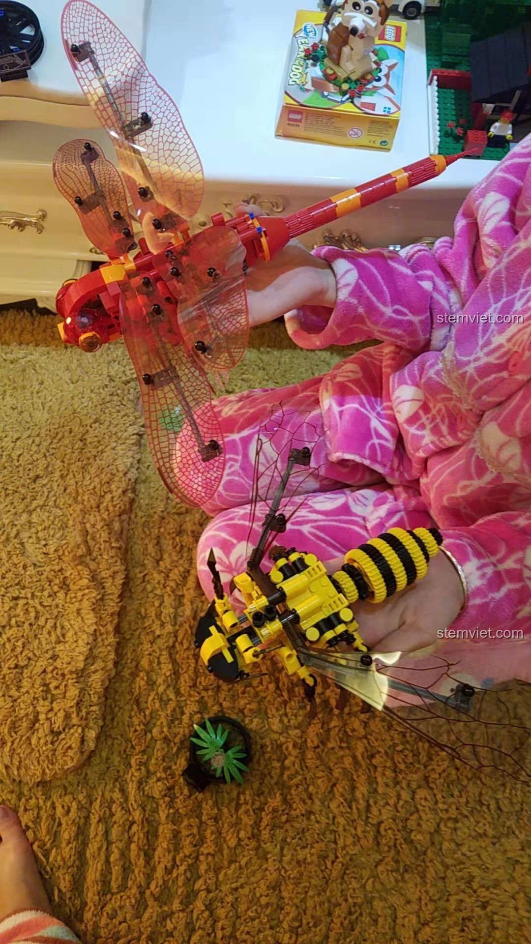 Mô hình Chuồn Chuồn Đỏ Cơ Khí Sembo 703300 có giá đỡ trưng bày, cánh vẫy và khớp chân xoay được, đồ chơi lắp ráp chất lượng cao.