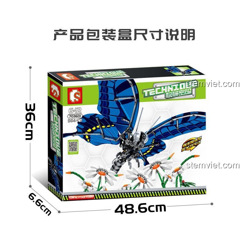 Kích thước hộp đồ chơi lắp ráp Sembo 703601 Bướm Phượng Hoàng Cơ Khí, bộ xếp hình 703601 với 564 mảnh ghép, món quà đáng tiền cho bé trai.